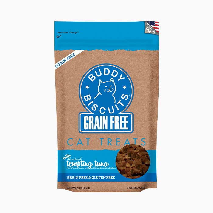 the bag of treats in blue and brown