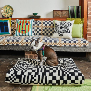Small black and white dog sitting on patterned pillow bed.