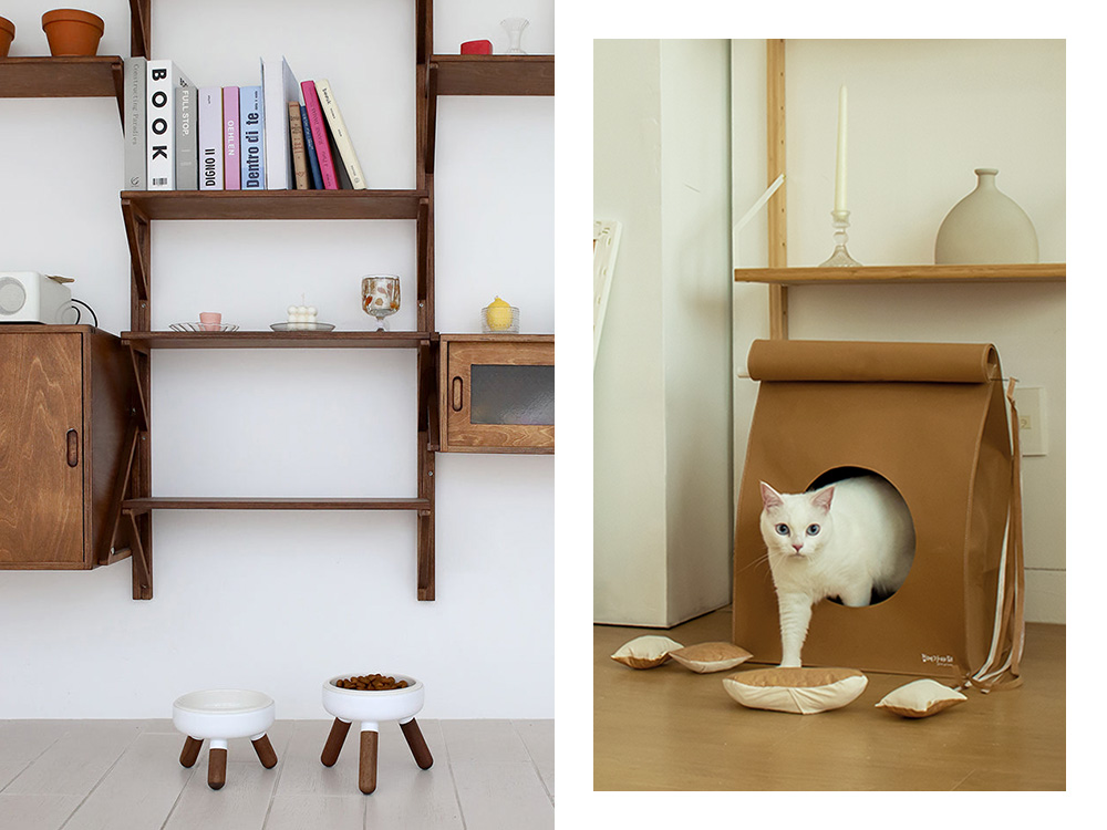 a cat in a paper bag house and some white cat bowls