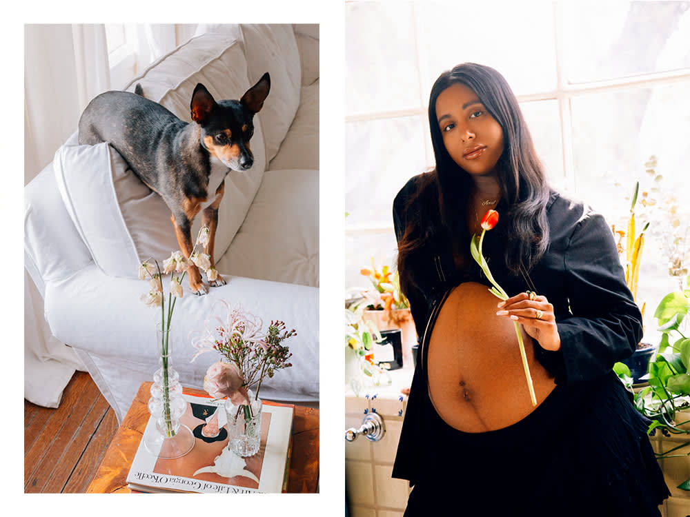Amrit’s black-and-brown dog, Soy, poses on a white couch, next to an image of Amrit, wearing all black, posing with a bright-red flower