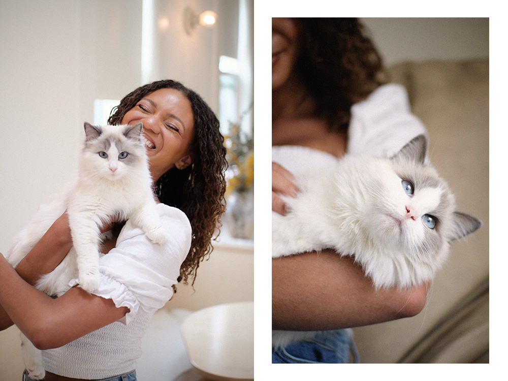 Leah Thomas with her white cat; Leah Thomas's white cat 