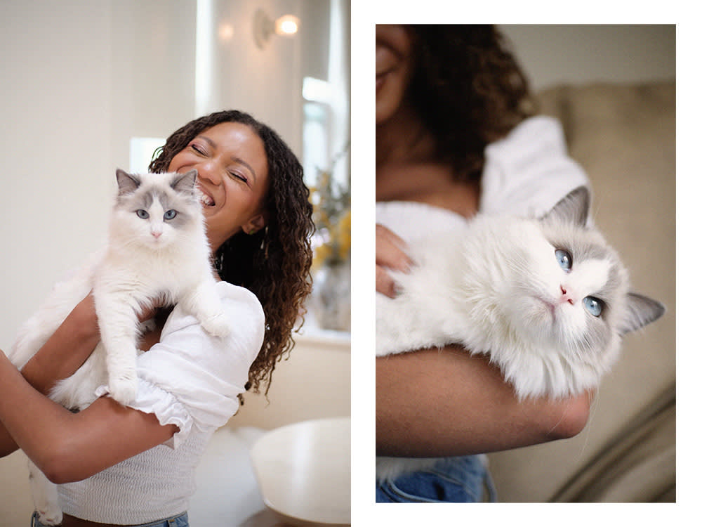 Leah Thomas with her white cat; Leah Thomas's white cat 