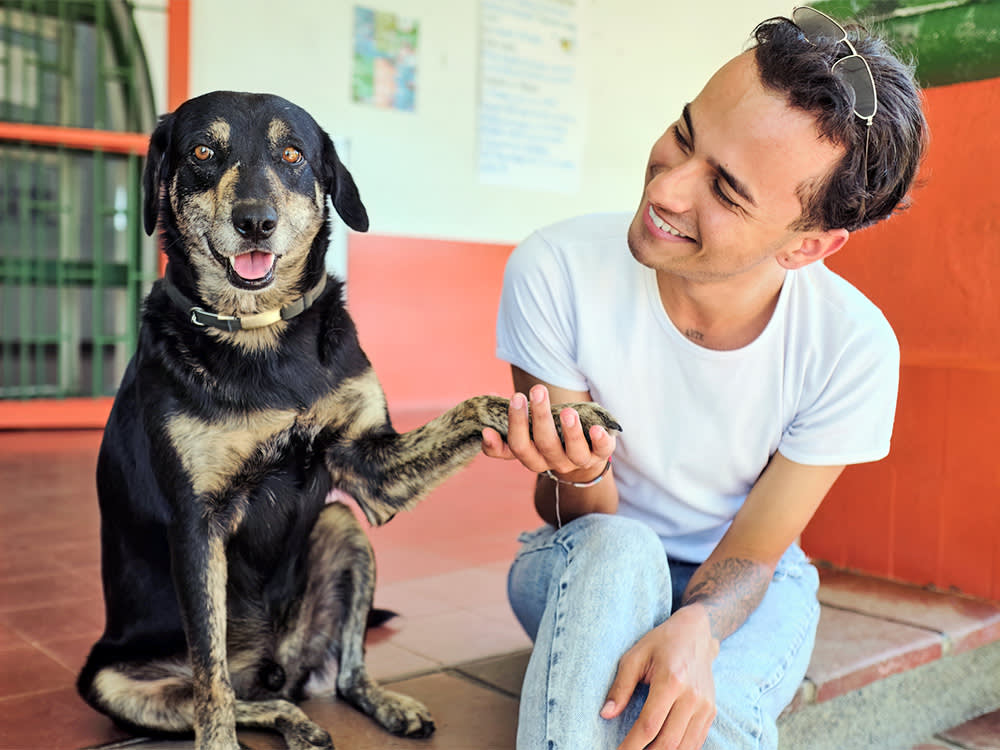 Man holding dog's paw outside.