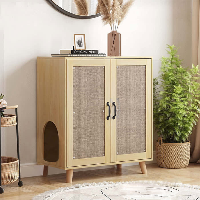 wooden litter box enclosure with sisal doors