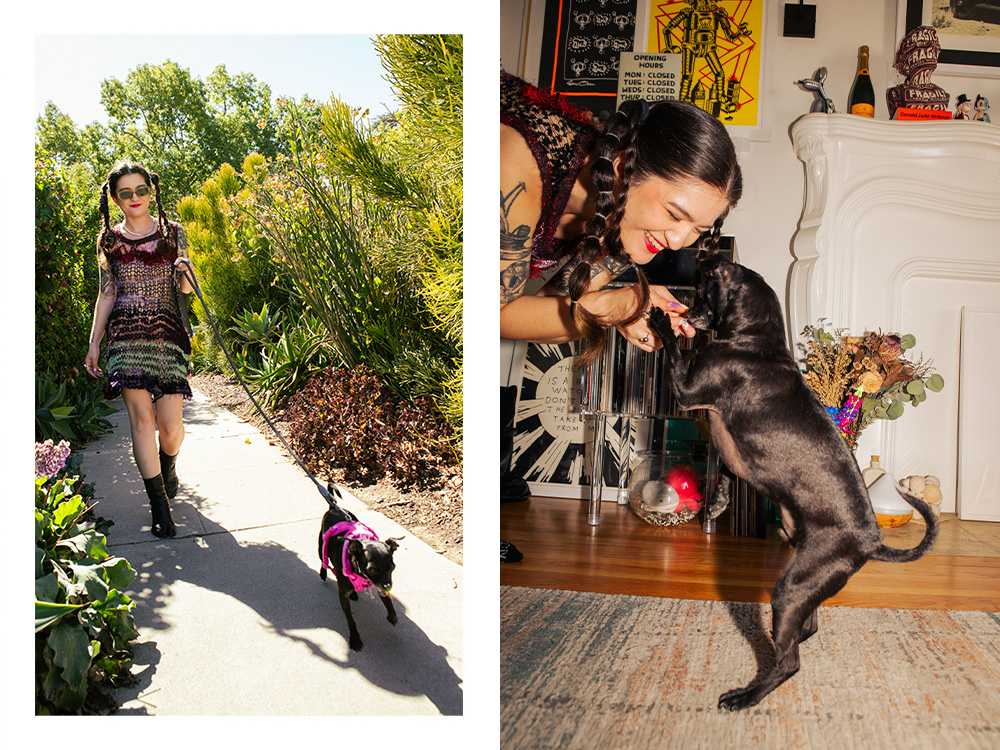 Left: Arabelle Sicardi walks their dog, Titan; Arabelle Sicardi plays with their dog by the fireplace