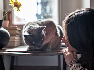 Woman looking at her cat, concerned.