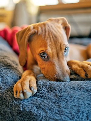 Cute puppy licking the couch at home.
