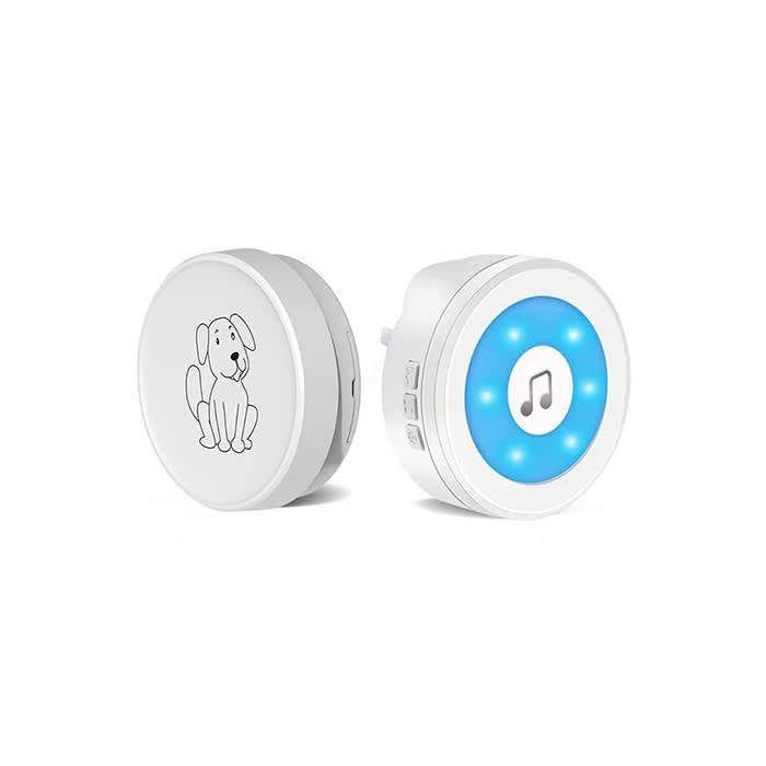 the doggy doorbell in white and blue