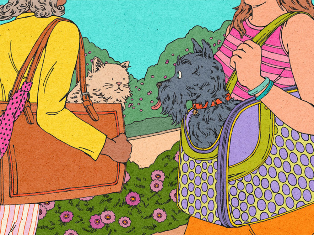 Cat and dog in womens' bags.