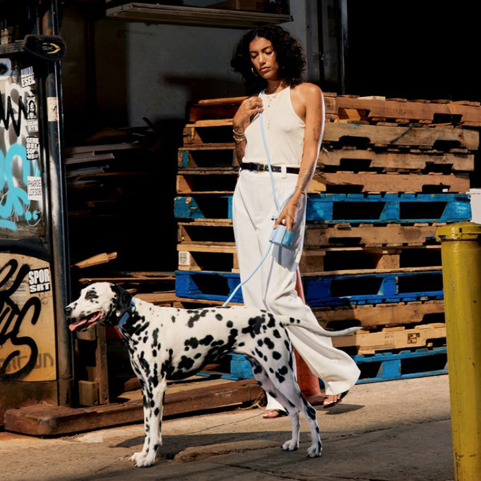 A stylish young woman wearing a white jumpsuit walking her Dalmatian dog with a light blue hands-free leash made by the Fable brand