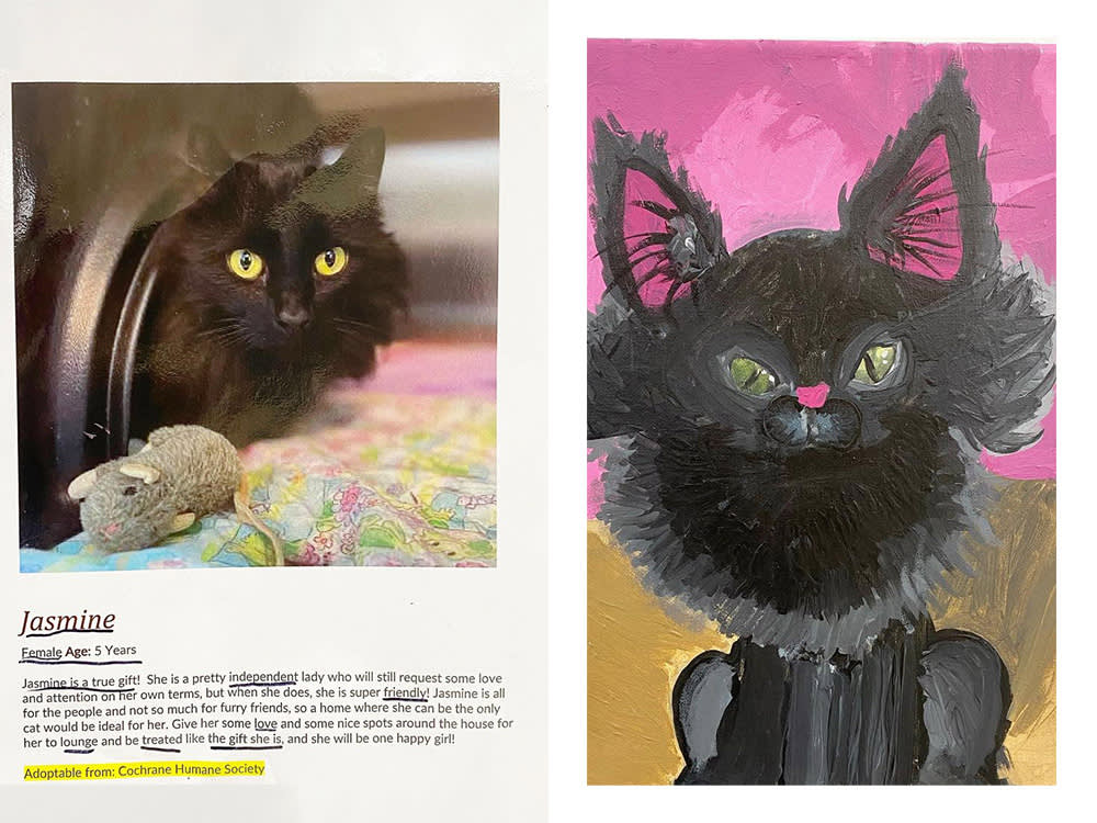 A shelter cat beside a painting of herself