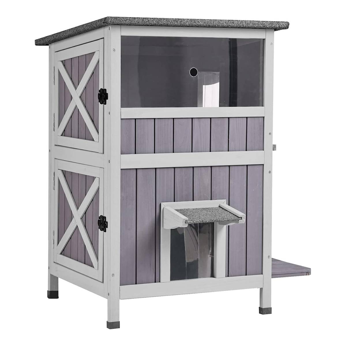Aivituvin 2-Story Outdoor/Indoor Cat House - Solid Wood Kitty Condo with Escape Door, Removable Floors, Weatherproof Asphalt Roof & Sun Balcony