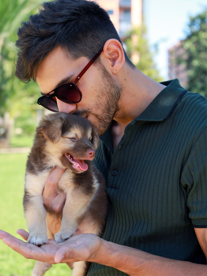 Man holding small brown puppy.