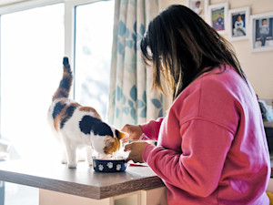 Woman feeding her cat in the kitchen at home.