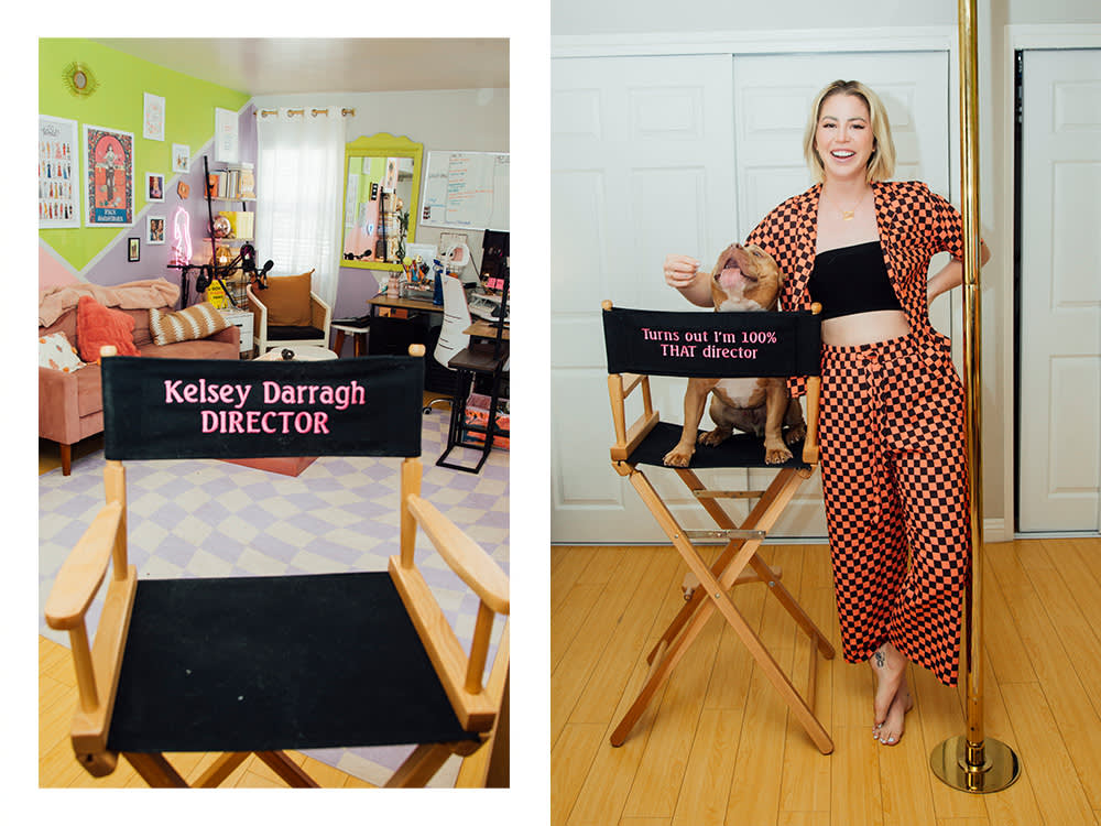 Kelsey Darragh with her dog in a director's chair