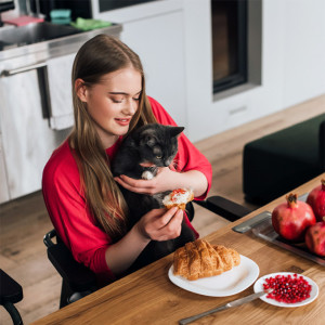a woman eats breakfast with pomegranate while her cat sits on her lap