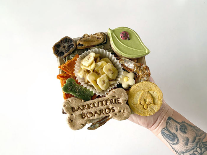 A person's hand holding up a Barkuterie Charcuterie Board with banana chips and other dog treats