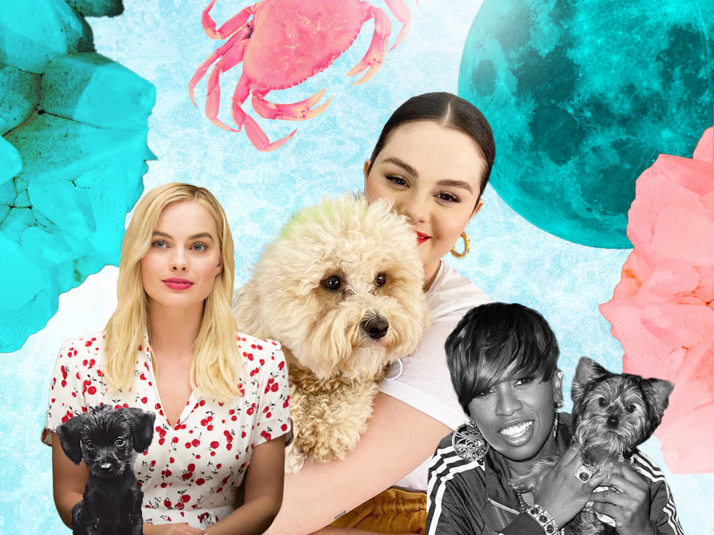 Collage of Selena Gomez, Margot Robbie, Missy Elliott, and their dogs, surrounded by a moon and a crab, among pink and blue hues.