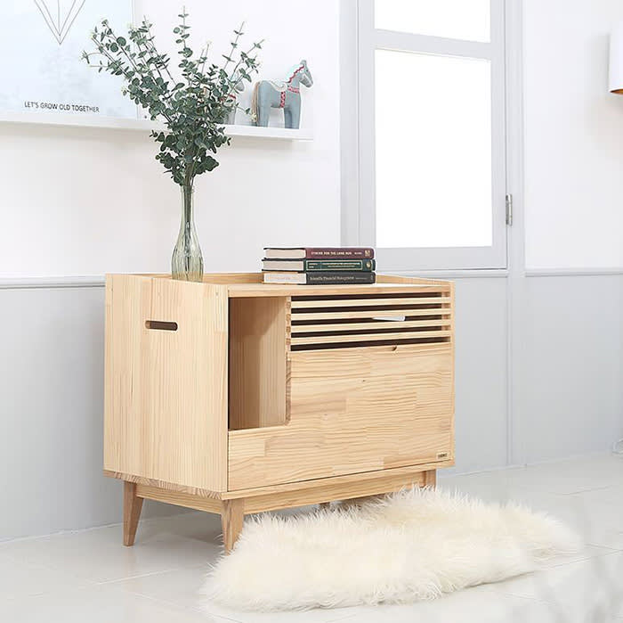 wooden litter box enclosure that looks like sideboard