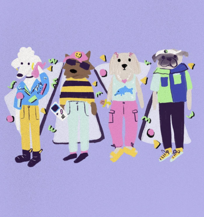 andrea caceres illustration of four dogs in bright outfits 