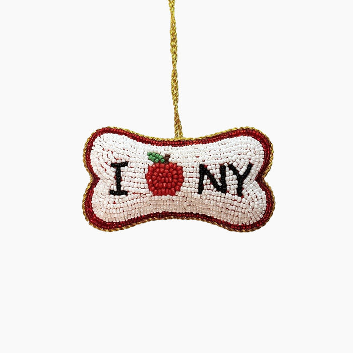 beaded dog bone ornament with the I heart NY logo