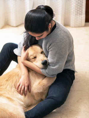 Woman comforting her lab dog at home.