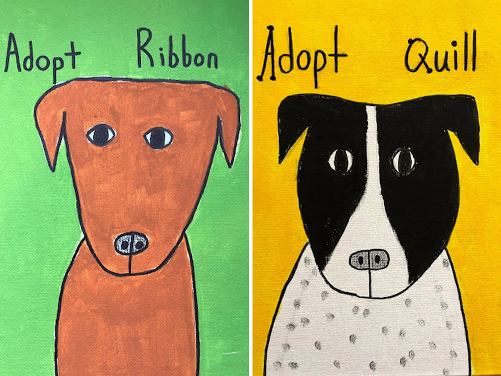 Grade 4 students learning about empathy by painting adoptable dogs.