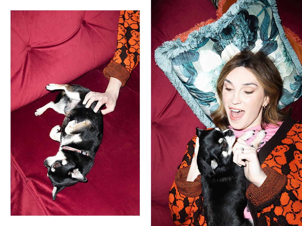 Juno Dawson's Chihuahua Prince on a couch; Juno Dawson and her Chihuahua Prince on a couch