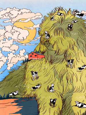 illustration by Maria Contreras, dogs and cows on a big green grassy hill