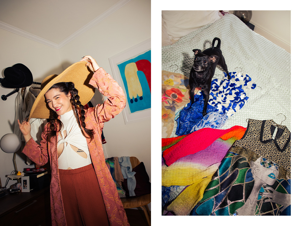 Arabelle Sicardi poses in a hat; Tiatan poses on the bed among Arabelle’s clothes