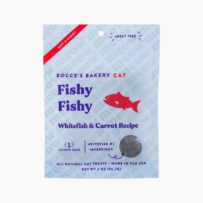 the fishy fish cat treats in a blue bag