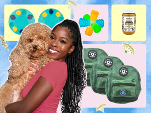 Ashley Snelling and her dog with a collage of their favorite toys and treats
