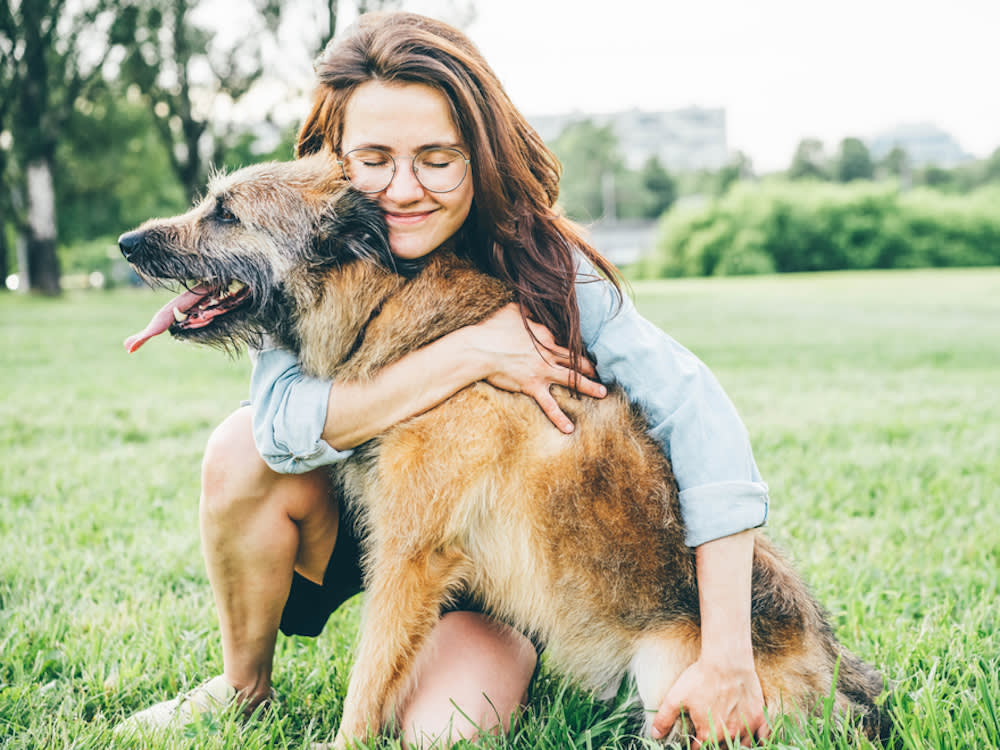 a person hugging a senior dog