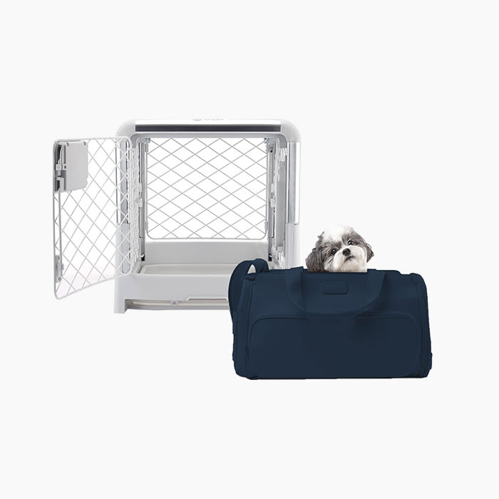 the gray crate and navy carrier with a small dog in it