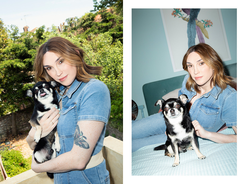 Juno Dawson outside with her dog; Juno Dawson inside lounging with her Chihuahua