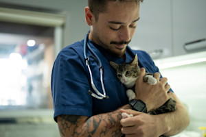 a picture of a young male vet cradling a tabby kitten in his arms