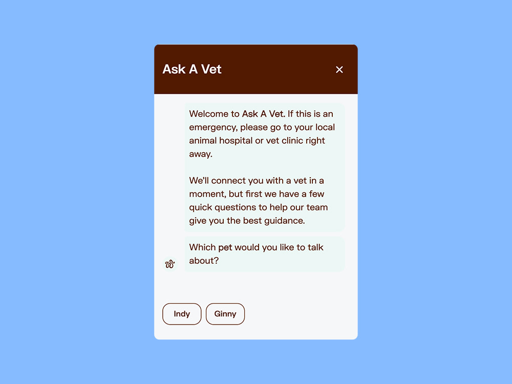 Screenshot of the Ask a vet chat window.
