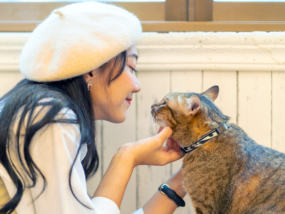 Woman talking to her cat outside.