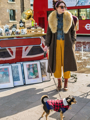 A woman wearing sunglasses, yellow trousers and a coat with a fluffy collar stands in front of a market stall selling knick-knacks and prints, which has a Union Jack flag draped over the front of it. She is holding a small dog on a lead who is wearing a red checkered jacket. Behind her is a London bus. 