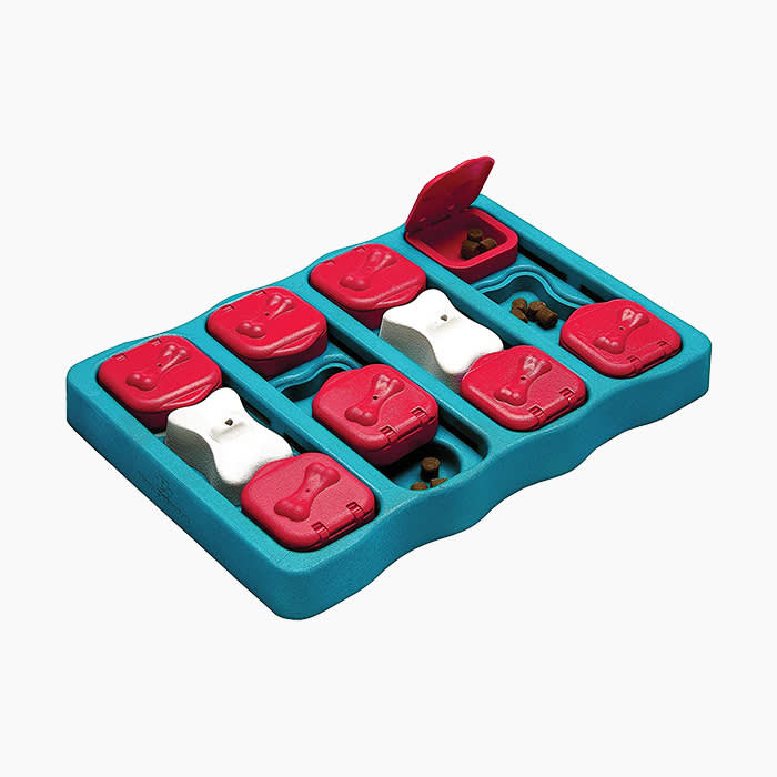 interactive dog toy in red white and blue