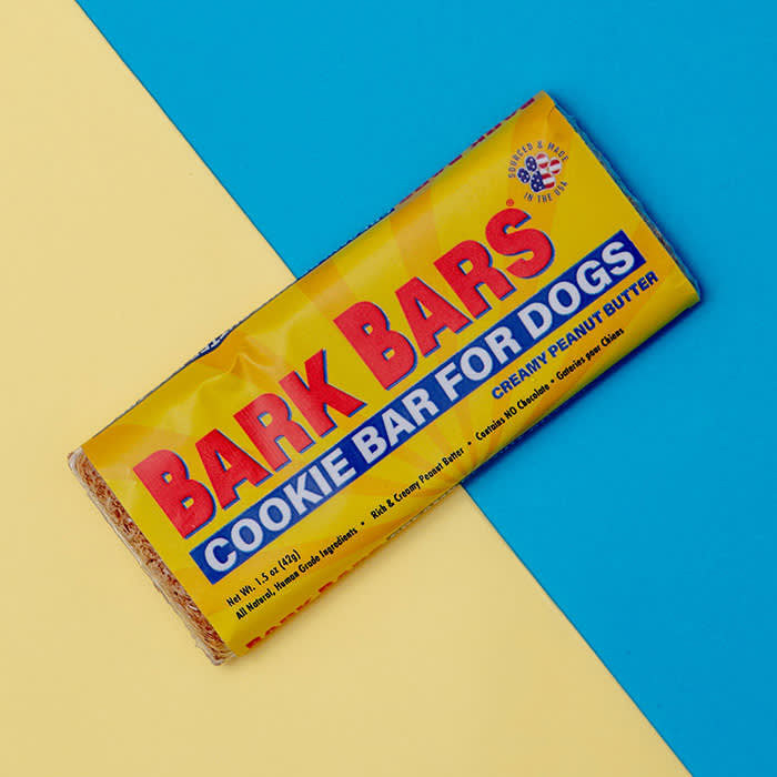 the bark bar on yellow and blue back drop