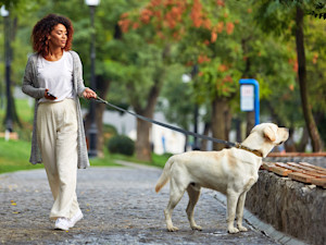 Woman walking her dog outside.