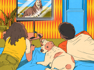 an illustration of people watching tv with their dog