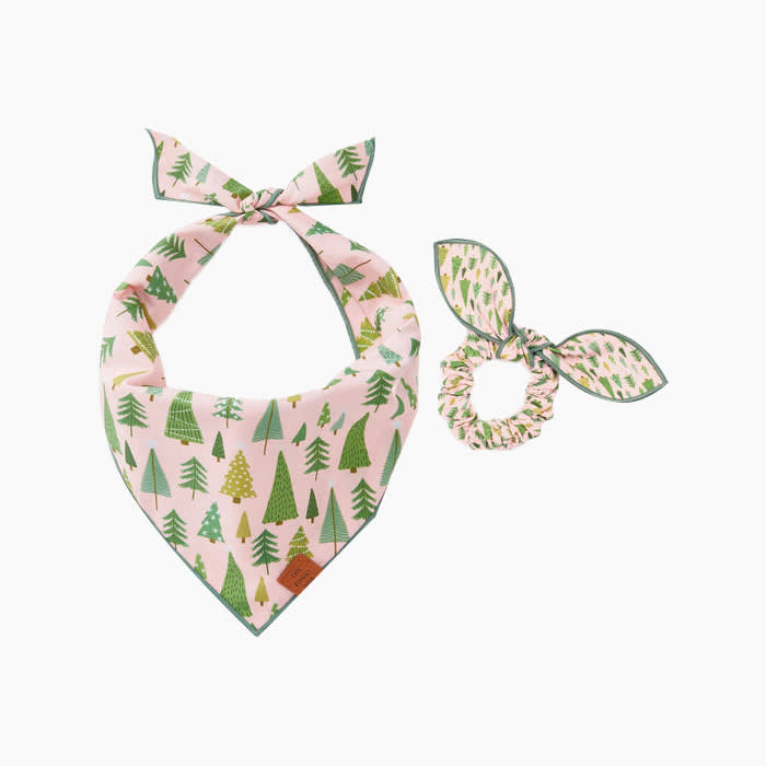 pink scrunchie and bandana set with tree pattern