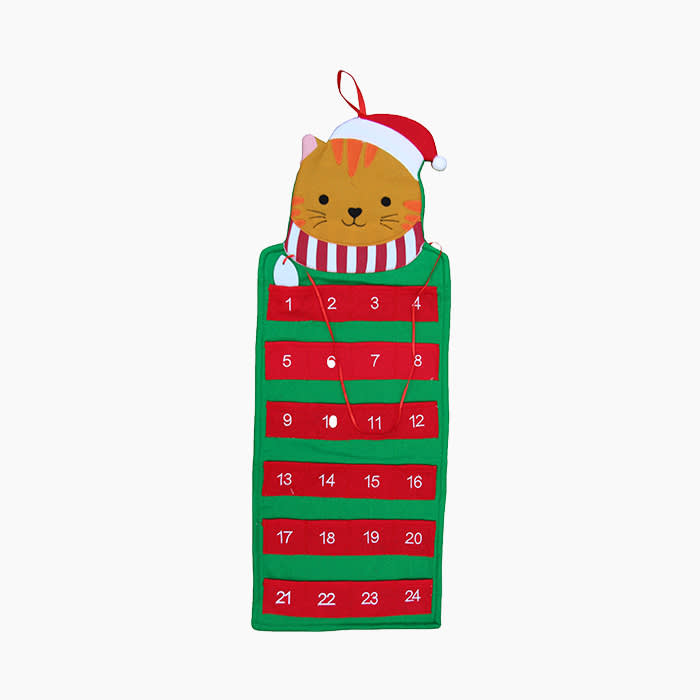 cat shaped advent calendar in red and green