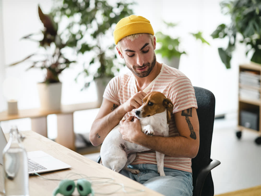 Guy sitting with his dog at his desk at work. 