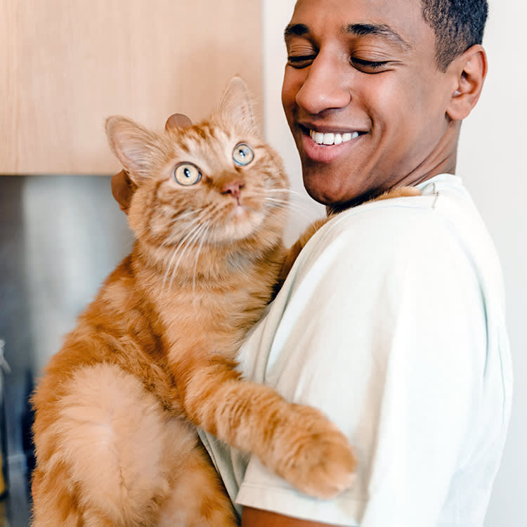 Man holding his large orange cat in his arms.