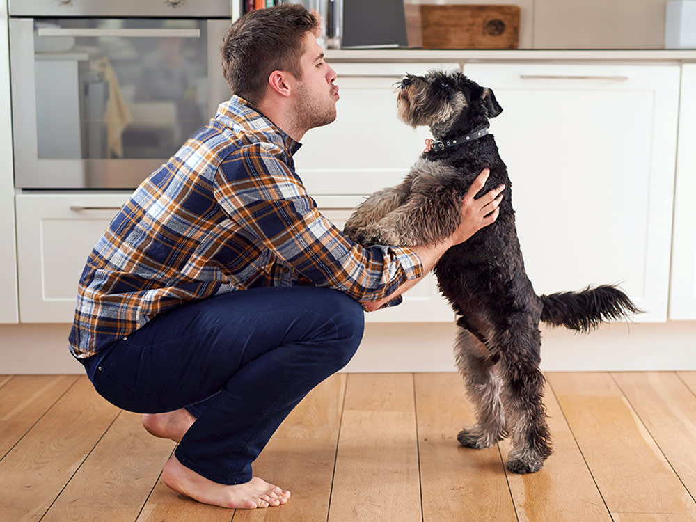 Man talking to his dog at home.
