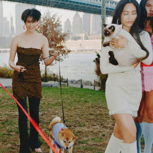 Multiple models in fashionable outfits at a city park with dogs in matching outfits on leashes