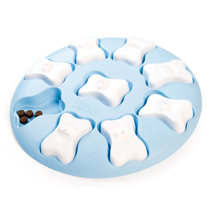 blue interactive dog toy with white bones concealing treats